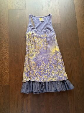 Vintage Free People Purple & Yellow Floral Tank Dress w Ruffle Hem